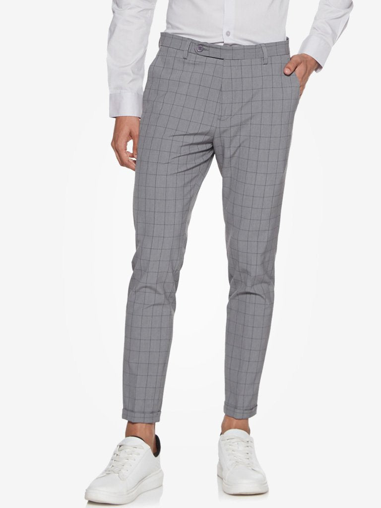 WES Formals Grey Checkered Carrot Fit Trousers
