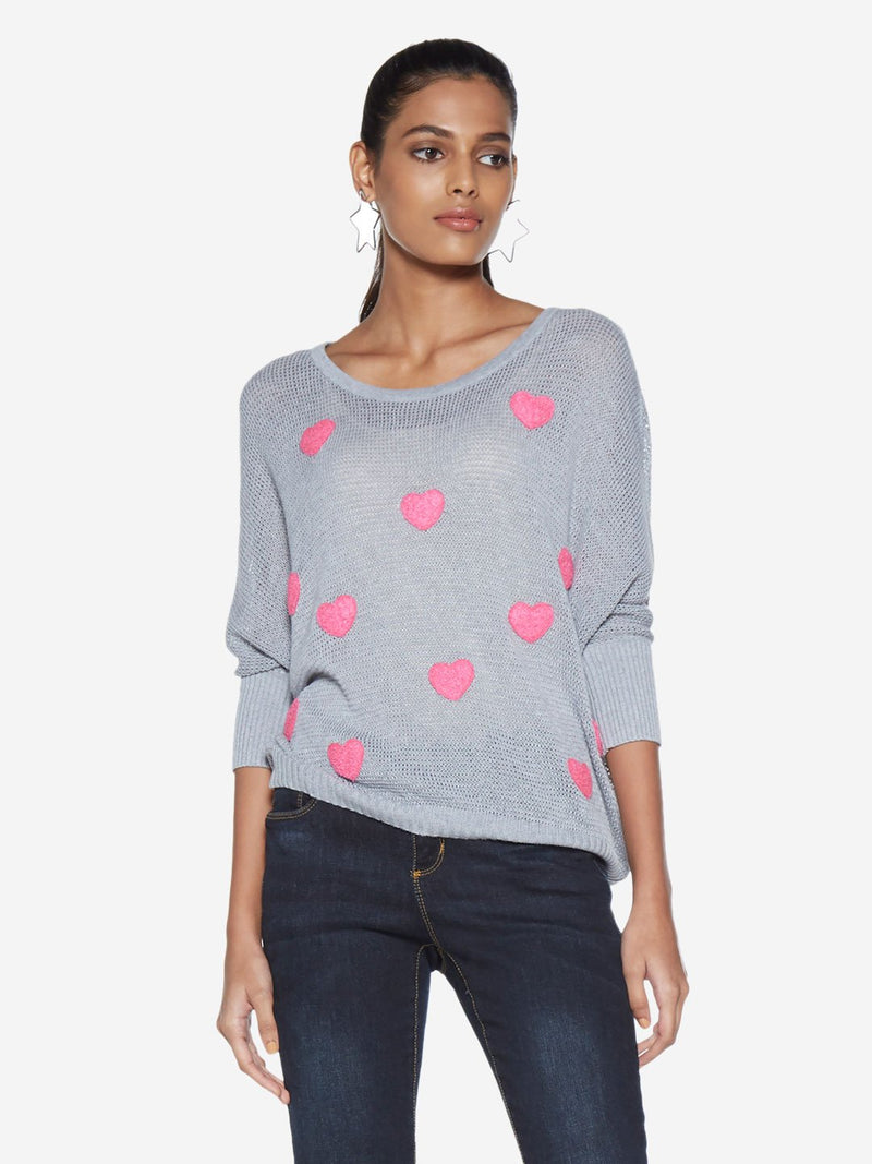Nuon Grey Heart Patterned Teddy Sweater