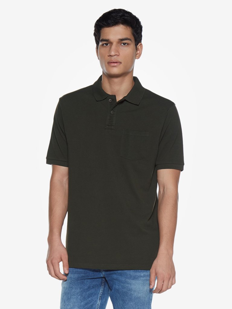 WES Casuals Dark Olive Relaxed Fit Polo T-Shirt
