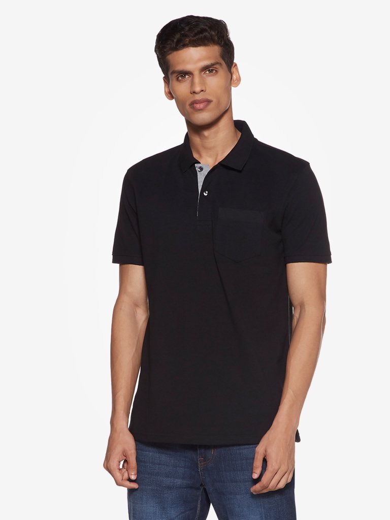 WES Casuals Black Slim Fit Polo T-Shirt