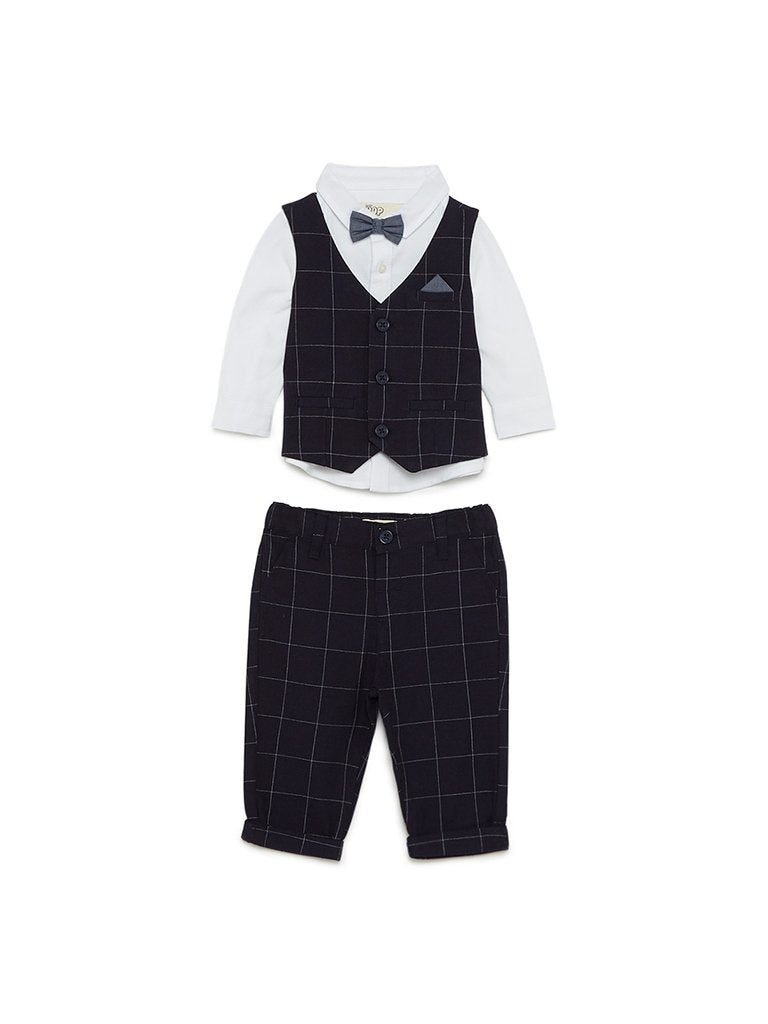 Baby HOP Navy Checkered Waistcoat And Pants Set