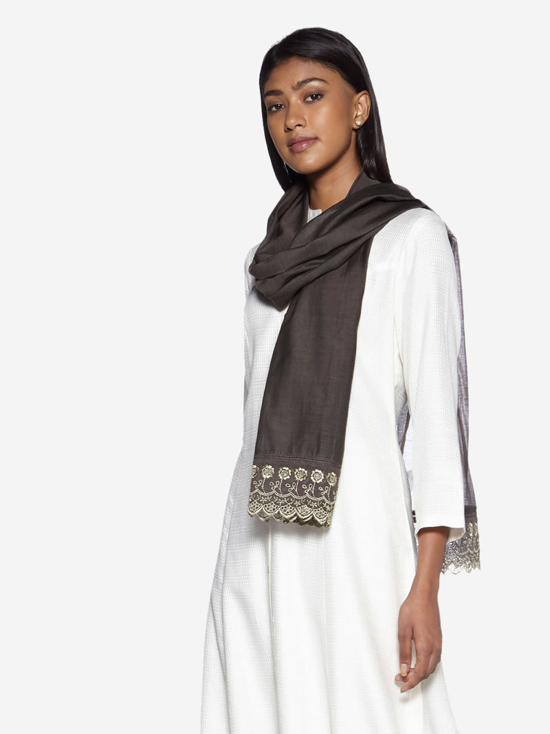 Zuba Dark Grey Embroidered Cotton-Silk Stole
