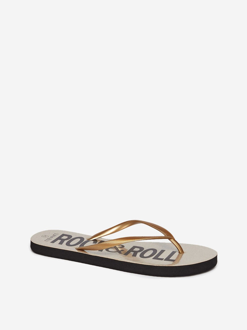 LUNA BLU Gold Text Print Flip-Flops
