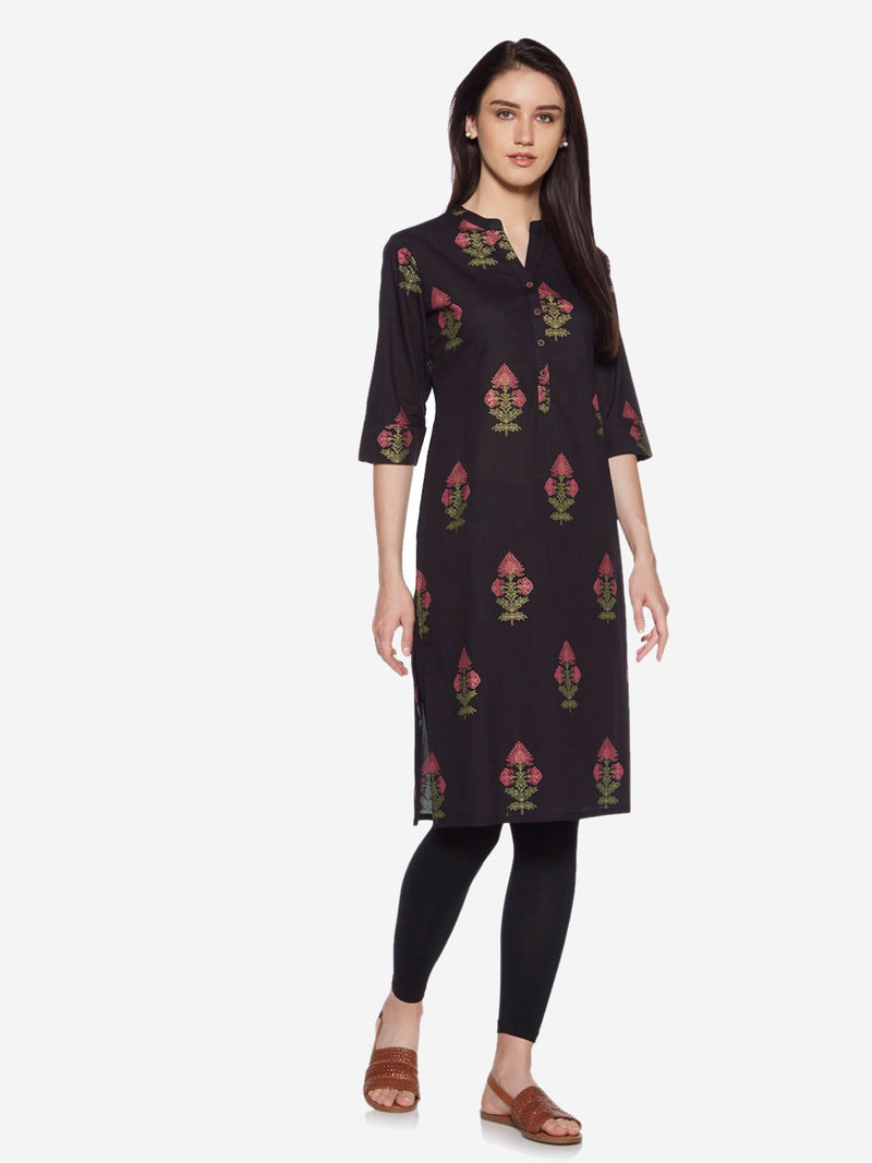 Utsa Black Floral Print Straight Kurta