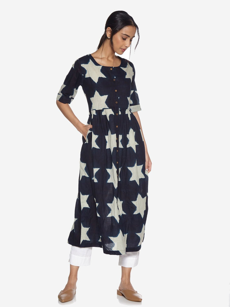 Utsa Indigo Star Print Fit-And-Flare Kurta