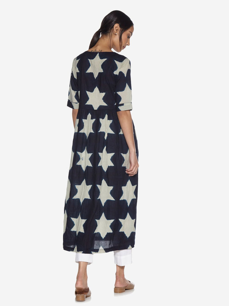 Utsa Indigo Star Print Fit-And-Flare Kurta