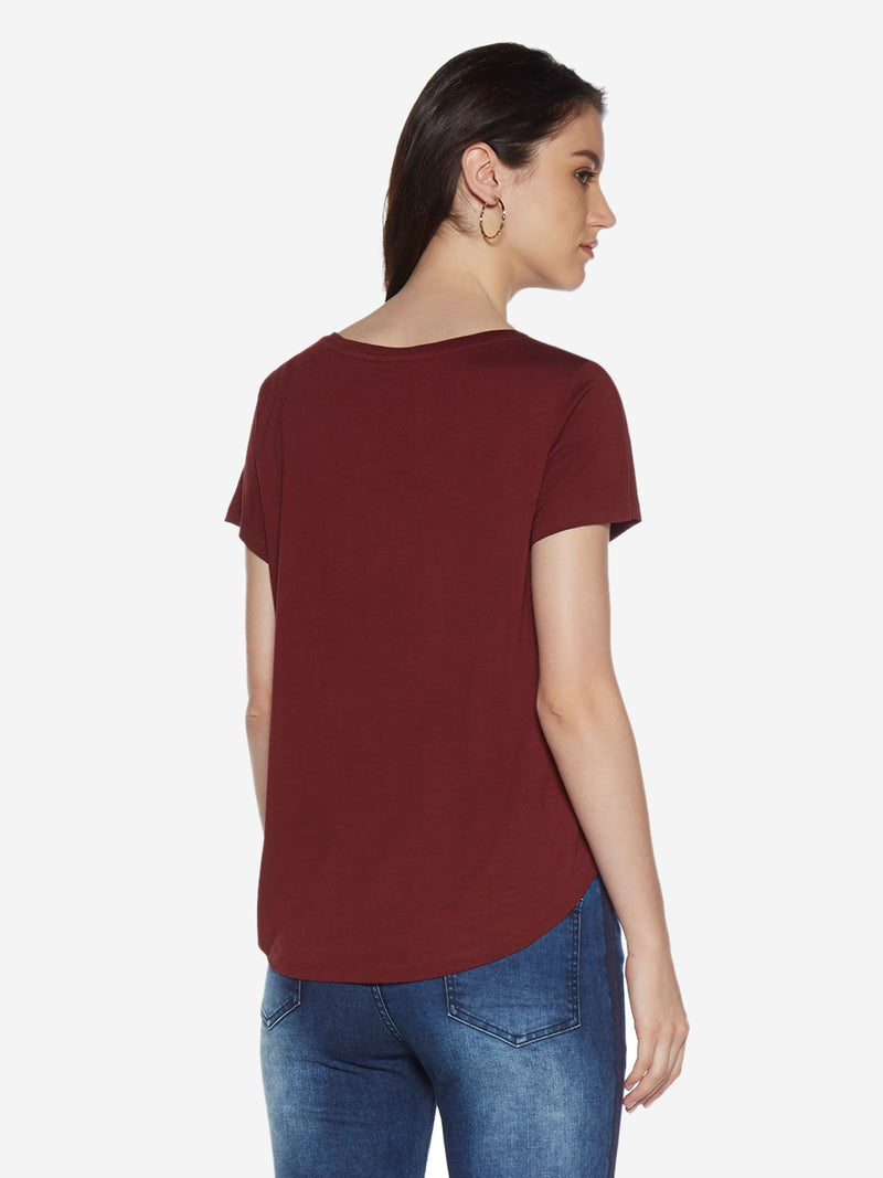 LOV Burgundy Text Patterned Sherry T-Shirt