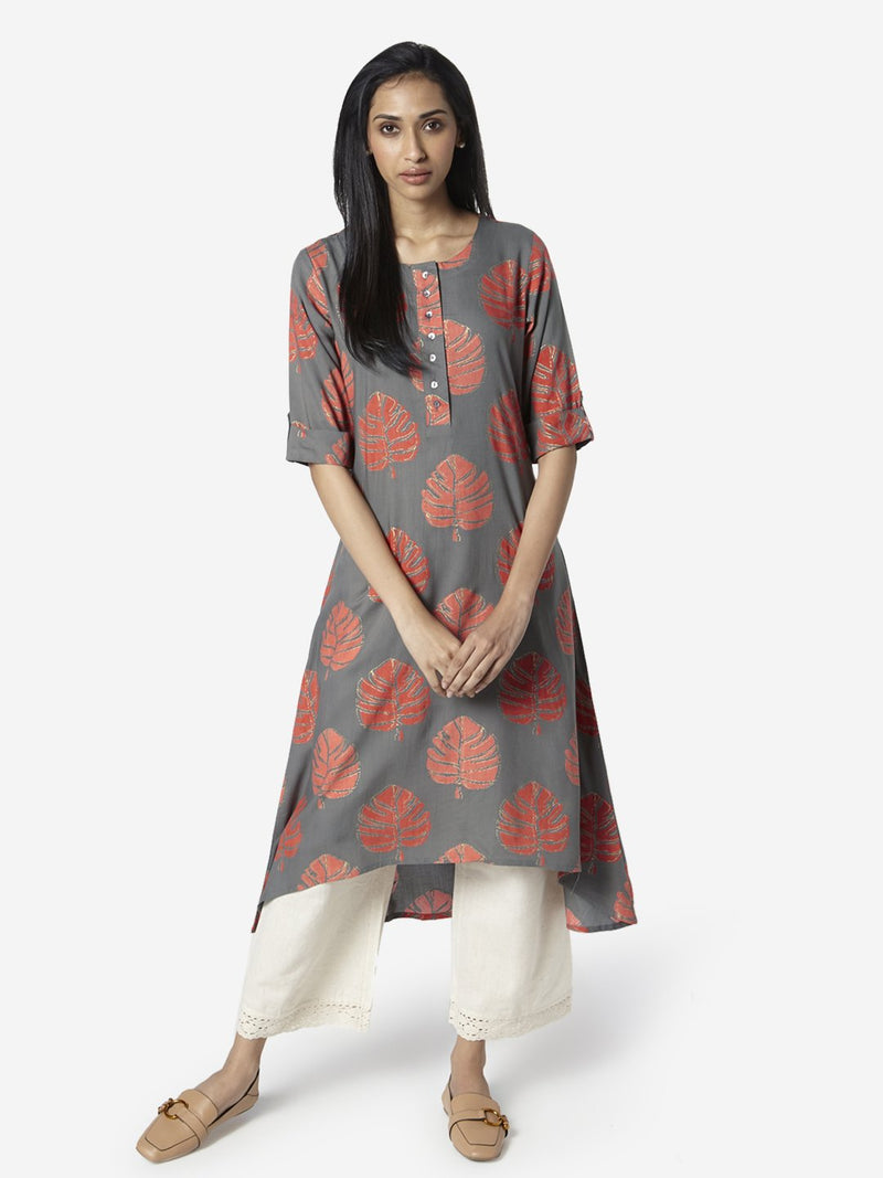 Utsa Grey Leaf Patterned High-Low Kurta