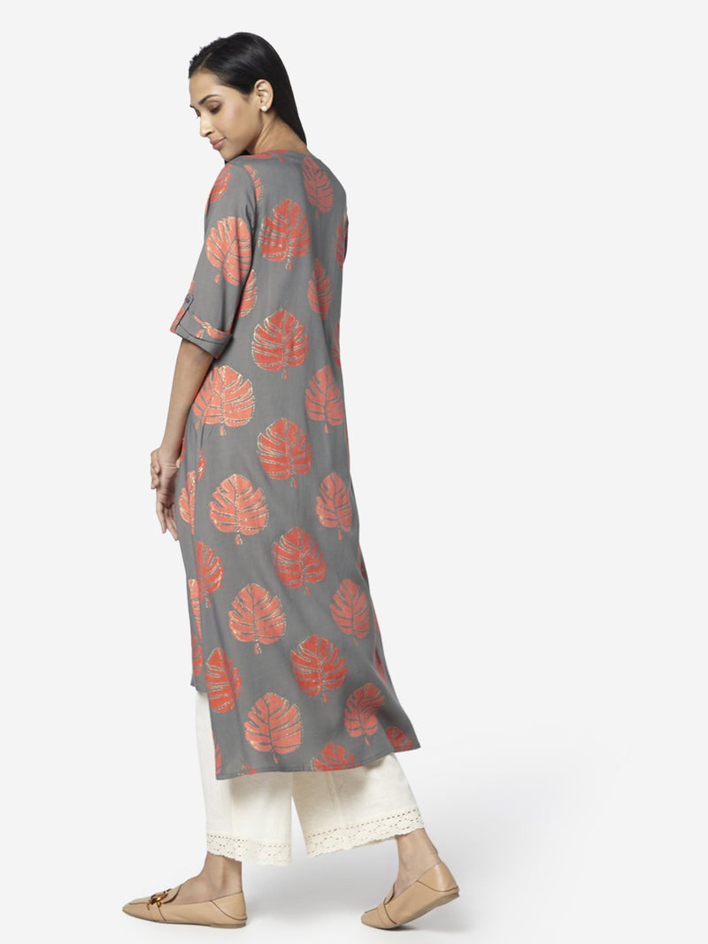 Utsa Grey Leaf Patterned High-Low Kurta
