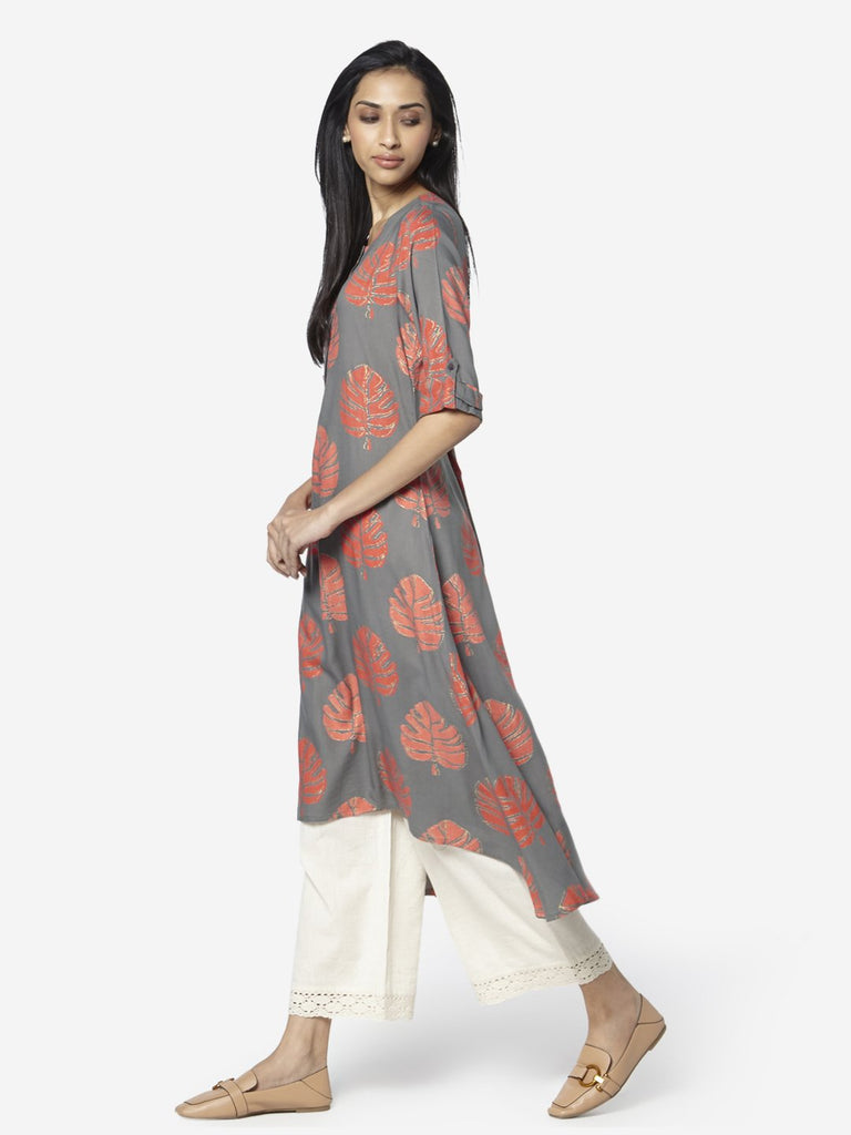 Utsa Grey Leaf Patterned High-Low Kurta