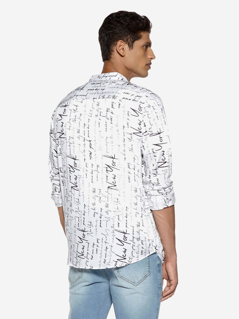 Nuon White Text Patterned Relaxed Fit Shirt