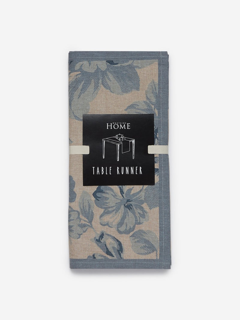 Westside Home Blue Floral Print Pure-Cotton Table Runner