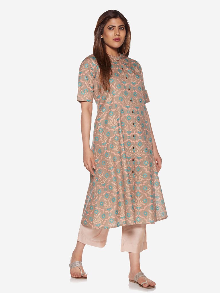 Diza curve Peach A-Line Floral Print Kurta