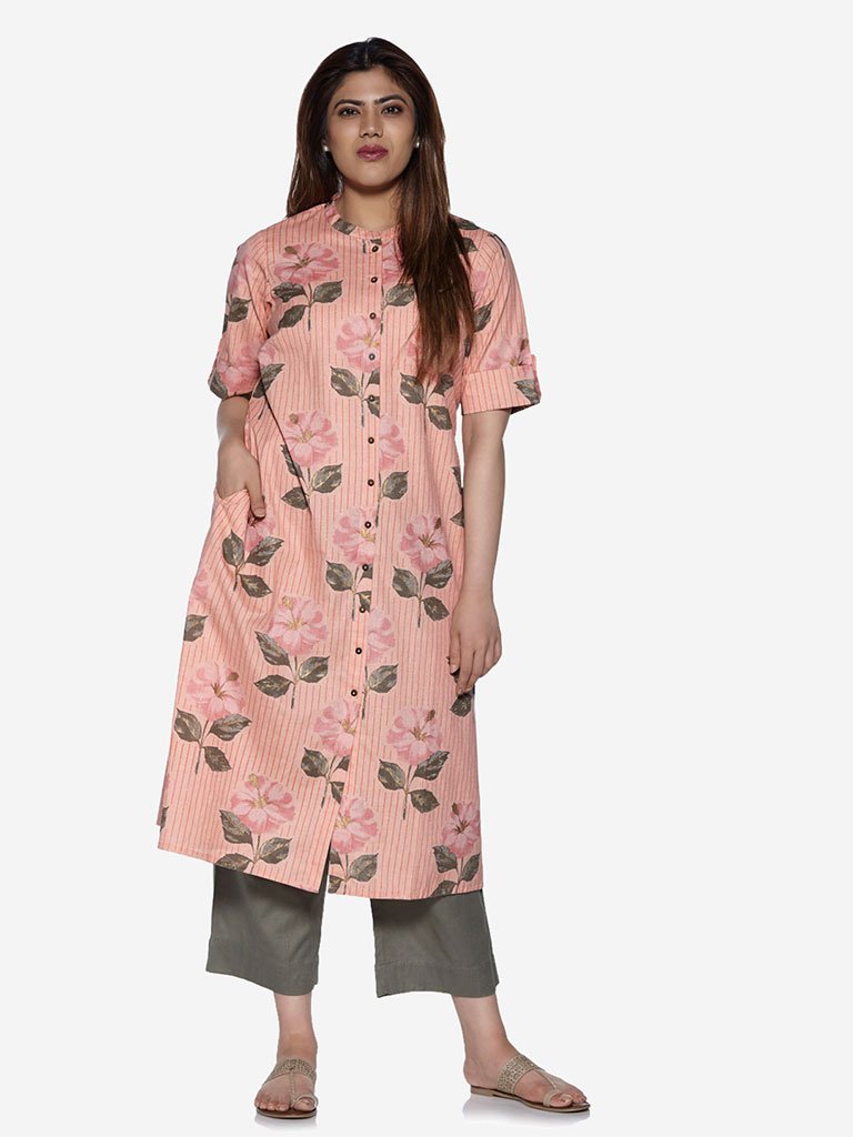 Diza Curve Peach Striped A-Line Kurta