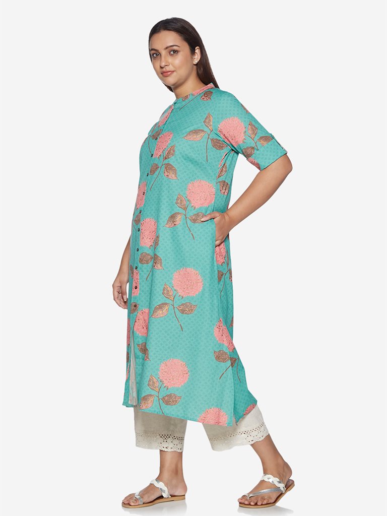 Diza Curve Turquoise Floral Print A-line Kurta