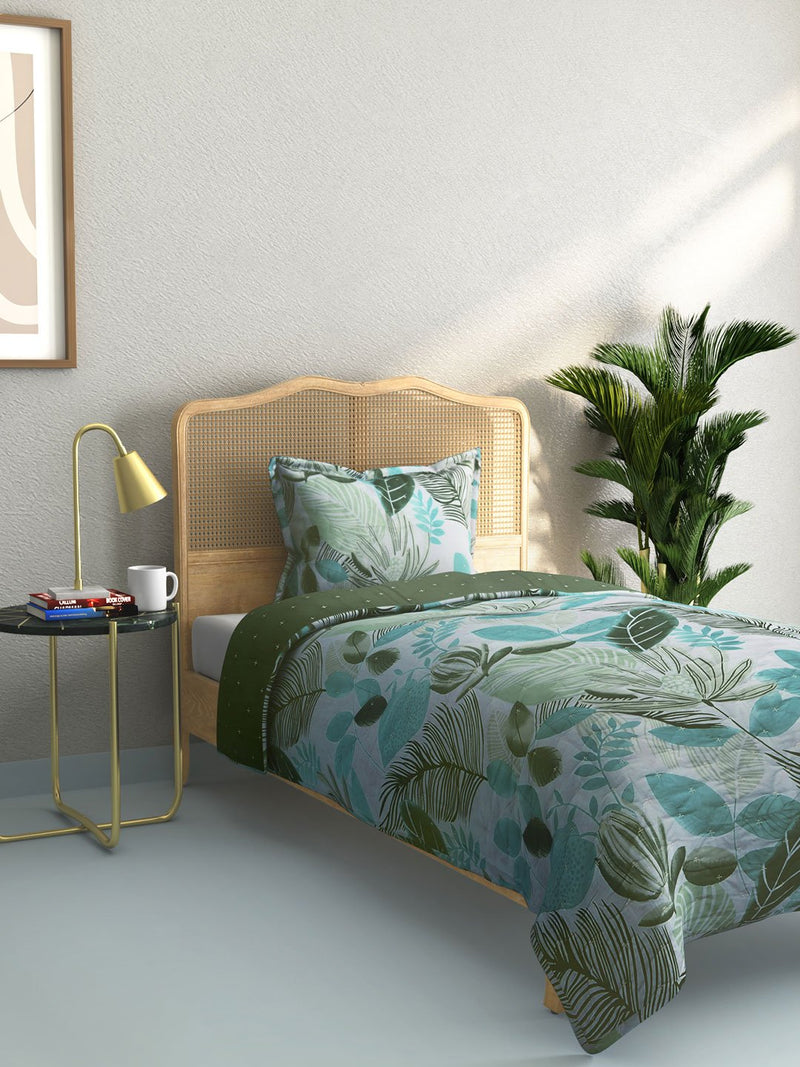 Westside Home Mint Leaf Printed Quilted Single Bedcover And Pillowcase