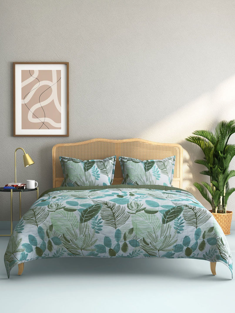 Westside Home Mint Leaf Printed Quilted Double Bedcover With Pillowcases