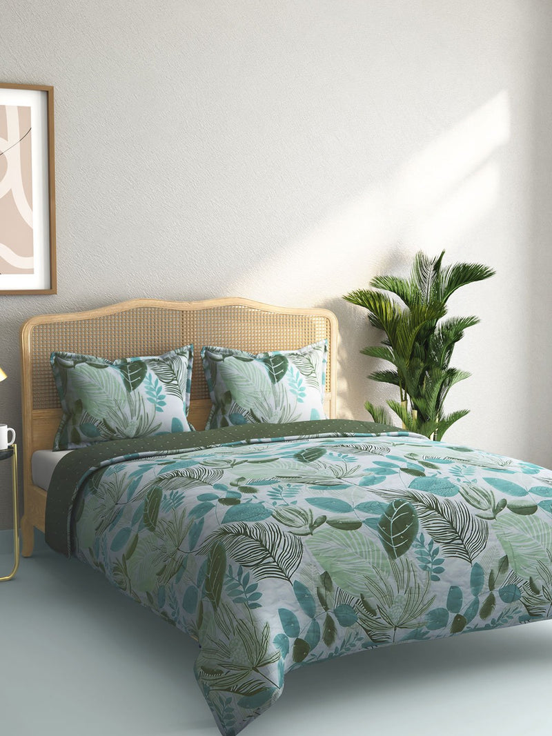 Westside Home Mint Leaf Printed Quilted Double Bedcover With Pillowcases