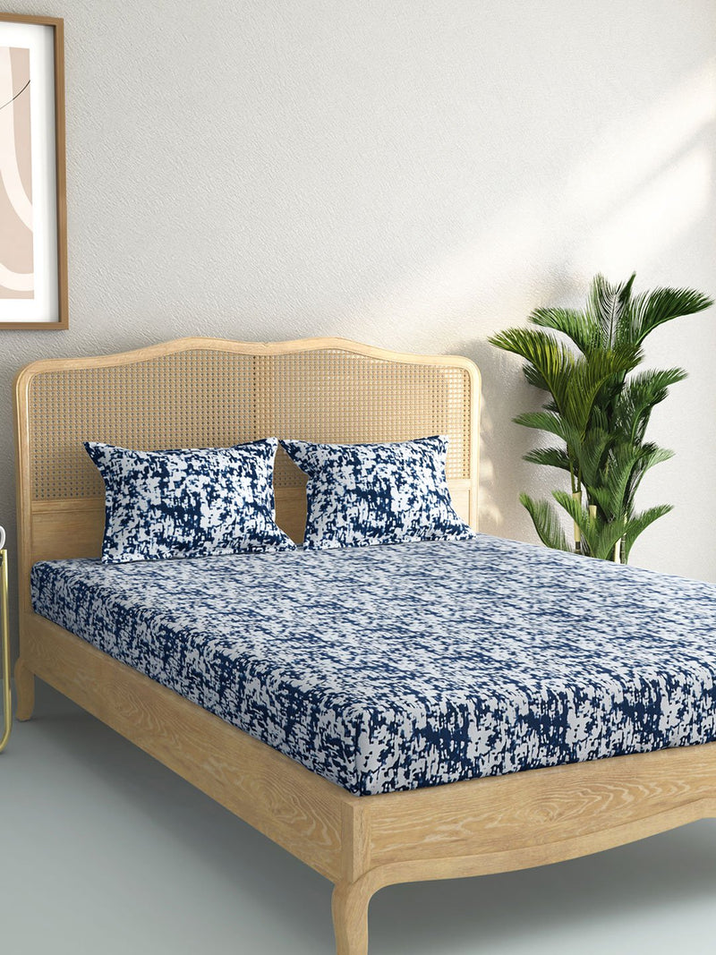 Westside Home Indigo Abstract Print Pure Cotton King Bedsheet With Two Pillowcases