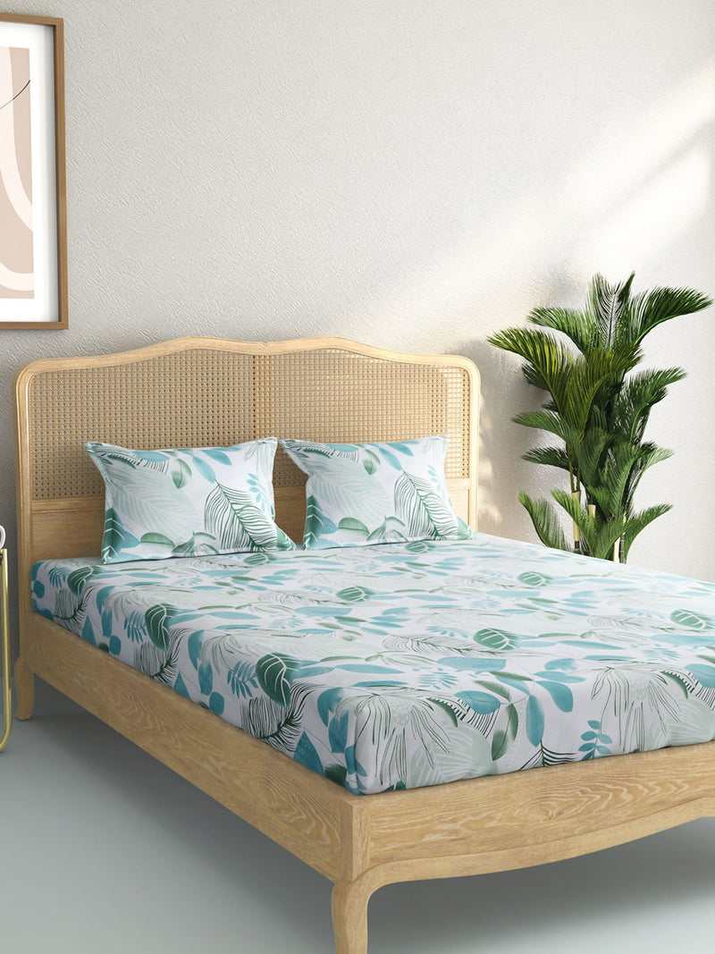 Westside Home Green Tropical Print Pure Cotton Double Bedsheet With Two Pillowcases