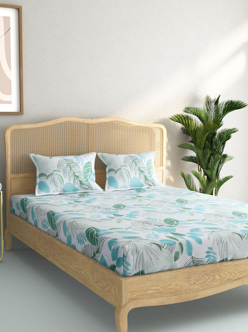 Westside Home Green Tropical Print Pure Cotton King Bedsheet With Two Pillowcases