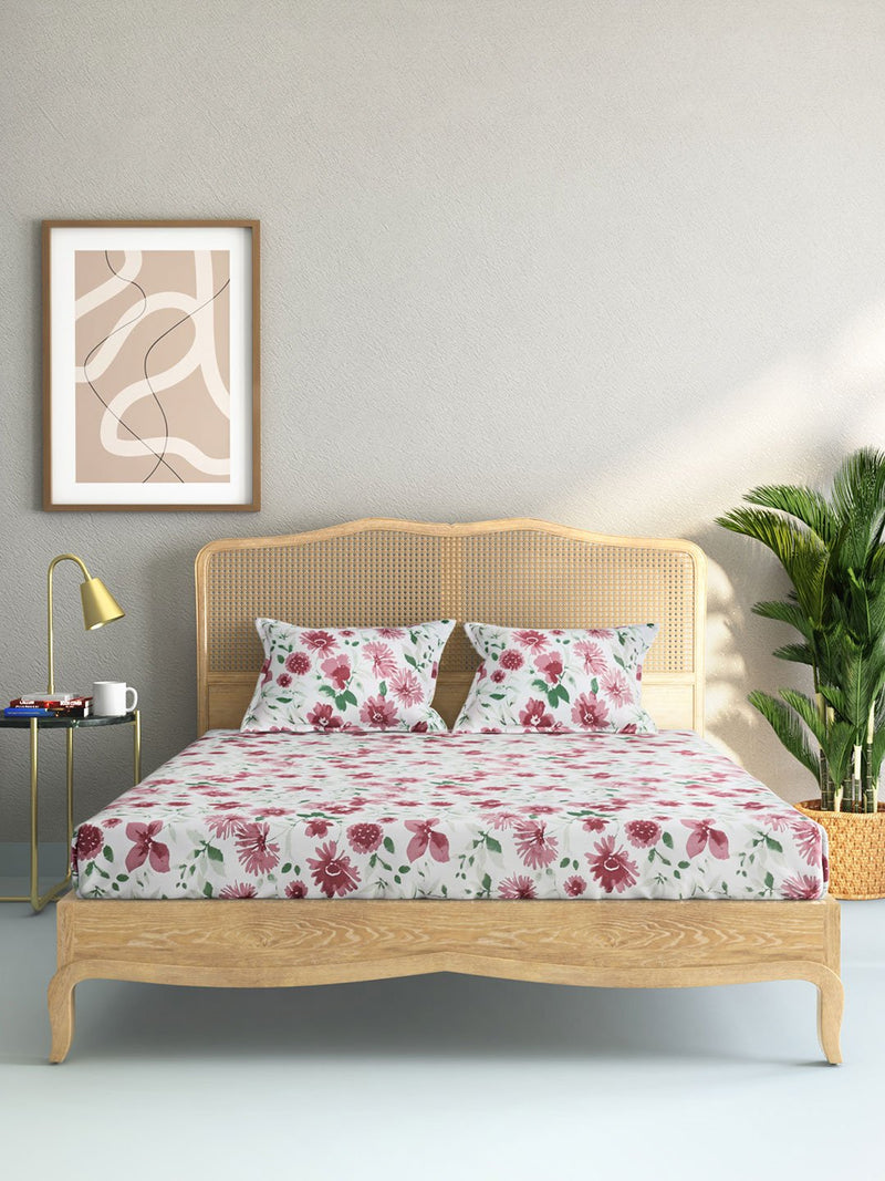 Westside Home Pink Floral Double Bedsheet With Two Pillowcases