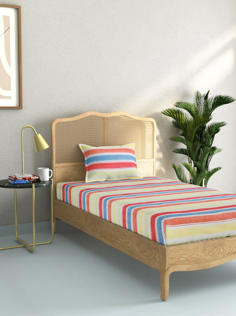 Westside Home Multicolour Striped Single Bedsheet With Pillowcase