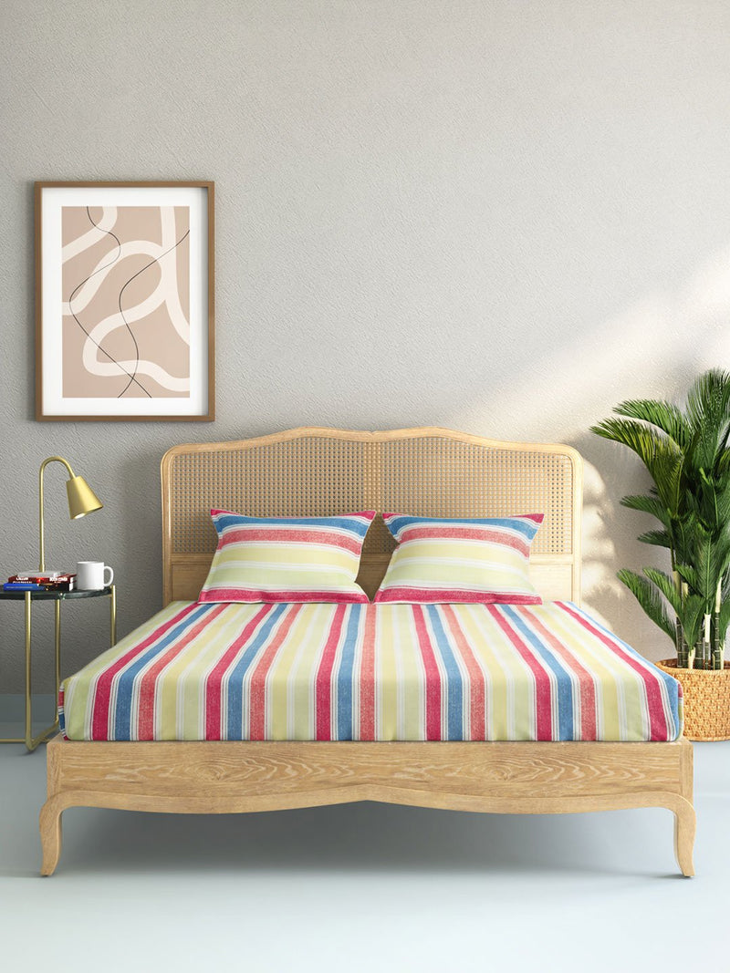 Westside Home Multicolour Striped Double Bedsheet With Two Pillowcases