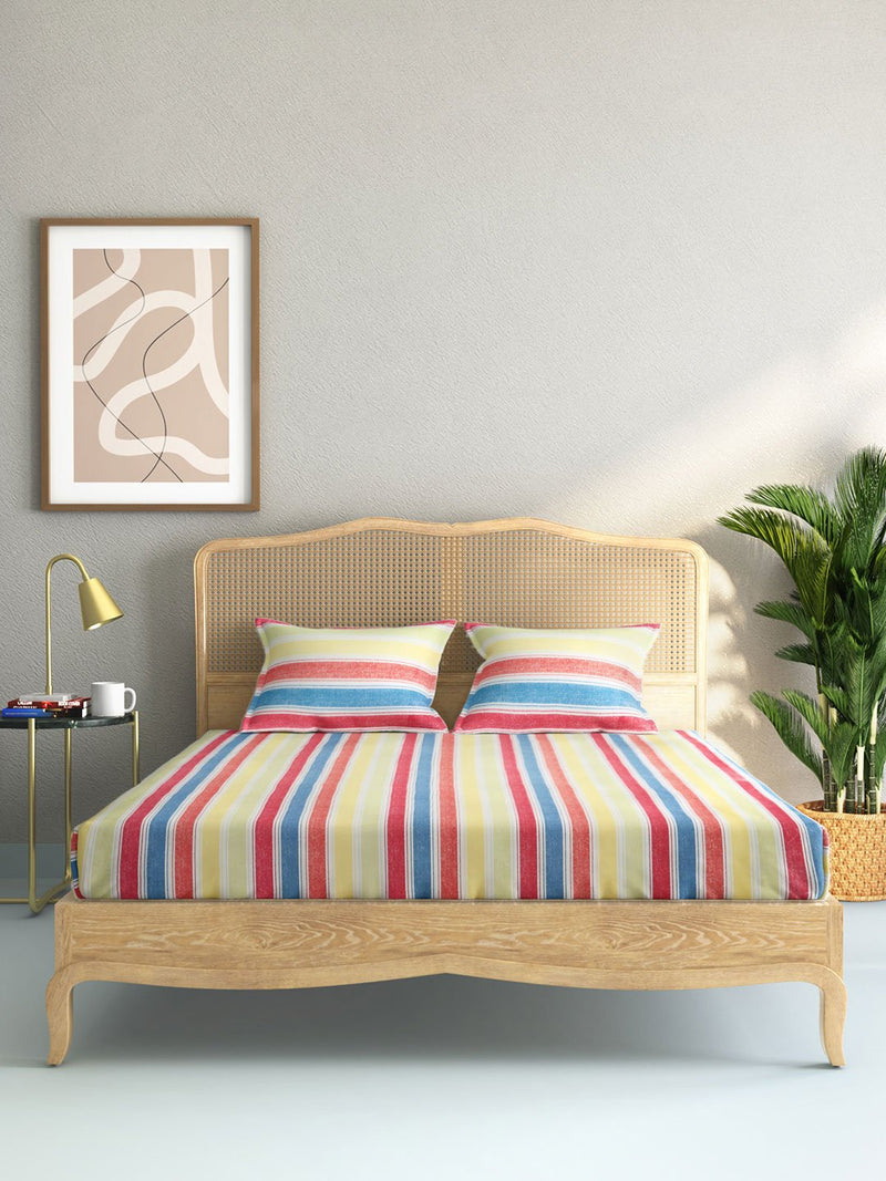 Westside Home Multicolour Striped King Bedsheet With Two Pillowcases