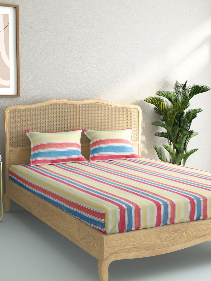 Westside Home Multicolour Striped King Bedsheet With Two Pillowcases