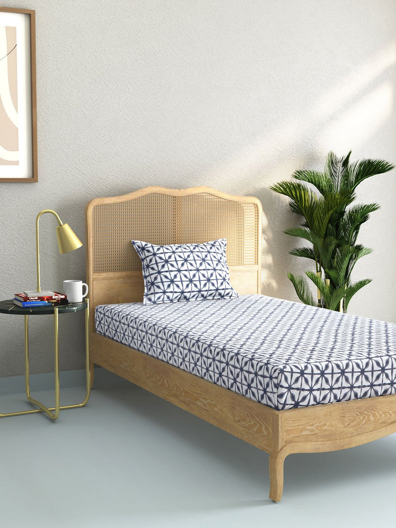 Westside Home Indigo Geometrical Print Pure Cotton Single Bedsheet With Pillowcase