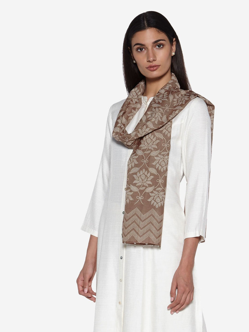 Zuba Brown Lotus Print Cotton-Silk Stole