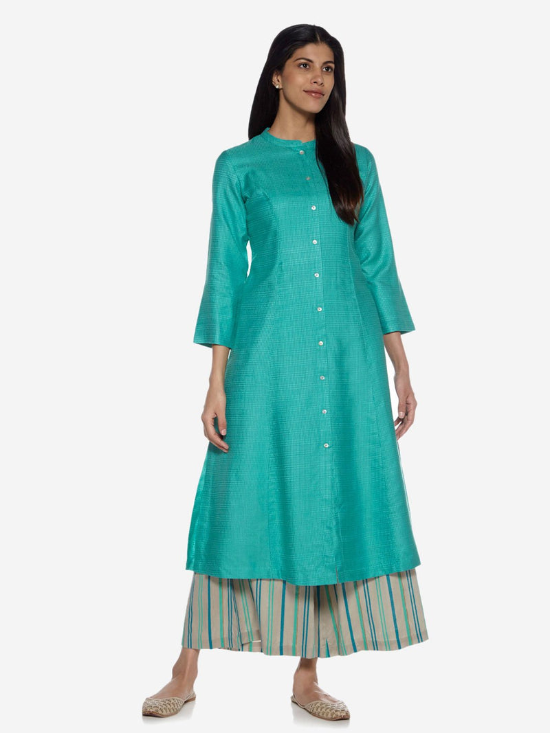 Zuba Turquoise Self-Patterned A-line Kurta