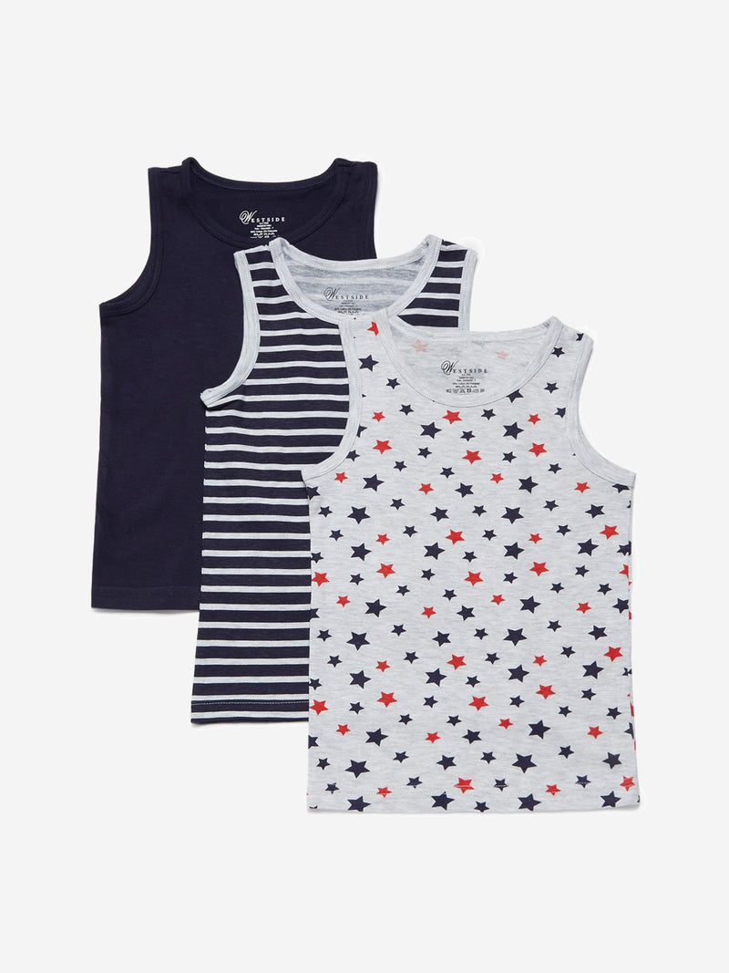 HOP Kids Navy Printed Vest Pack Of Three