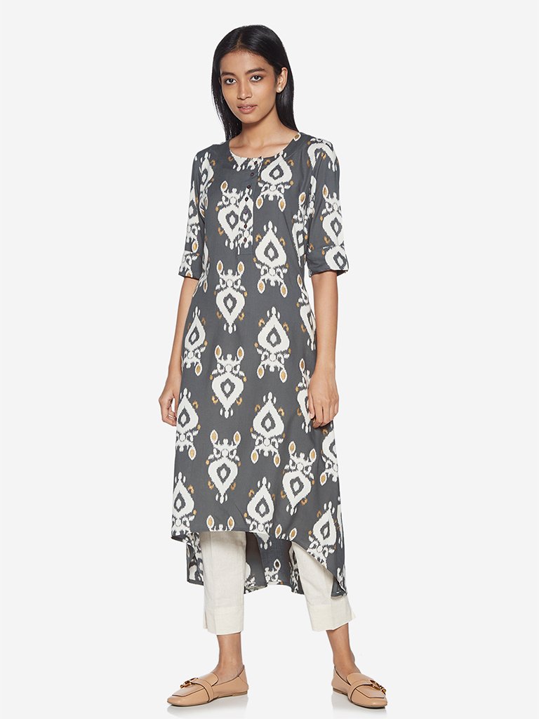 Utsa Grey Ikat Patterned High-Low Kurta