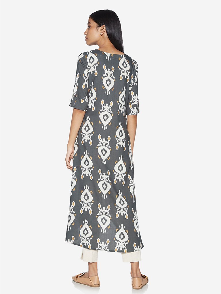 Utsa Grey Ikat Patterned High-Low Kurta