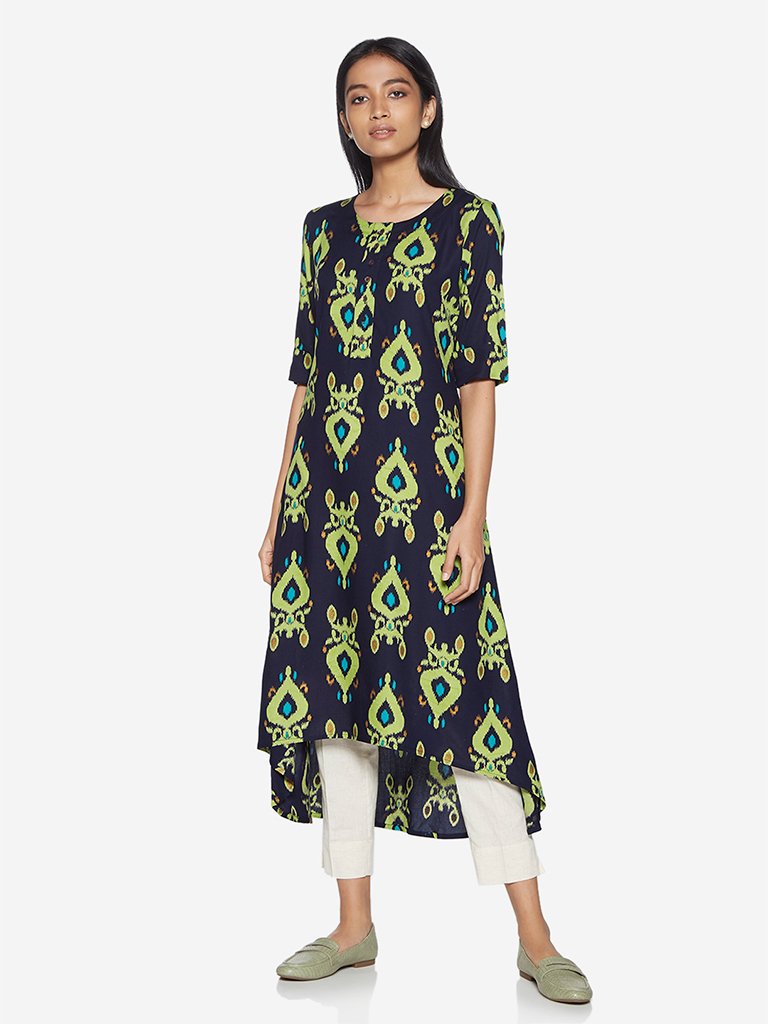 Utsa Indigo Ikat Patterned High-Low Kurta