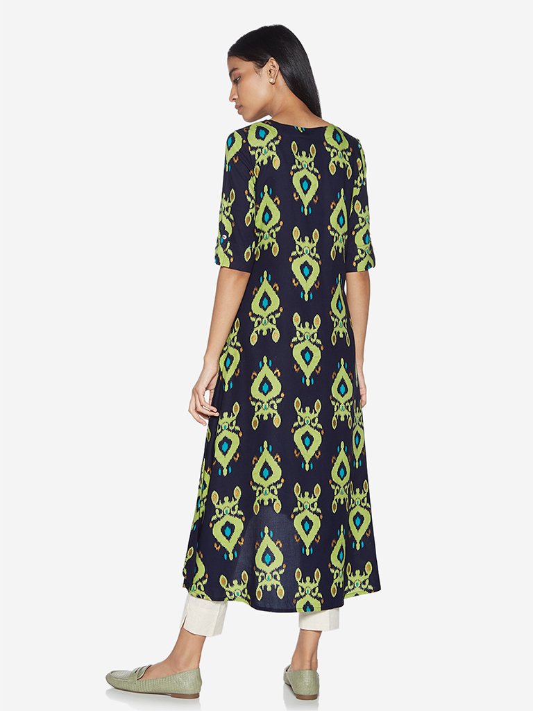 Utsa Indigo Ikat Patterned High-Low Kurta