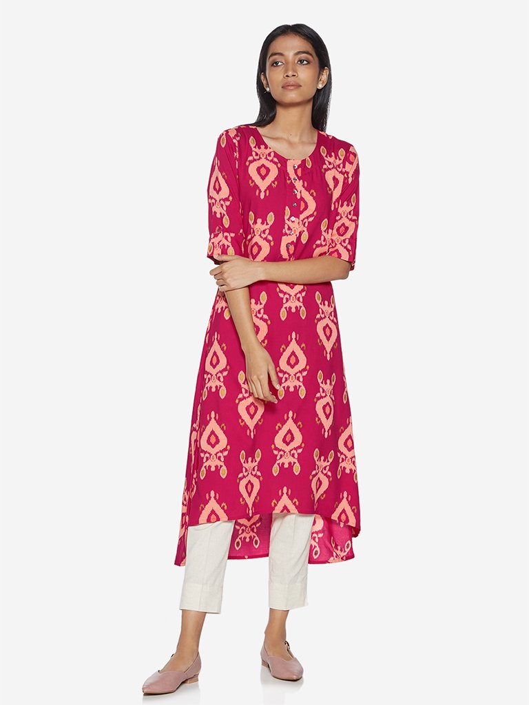 Utsa Pink Ikat Patterned High-Low Kurta