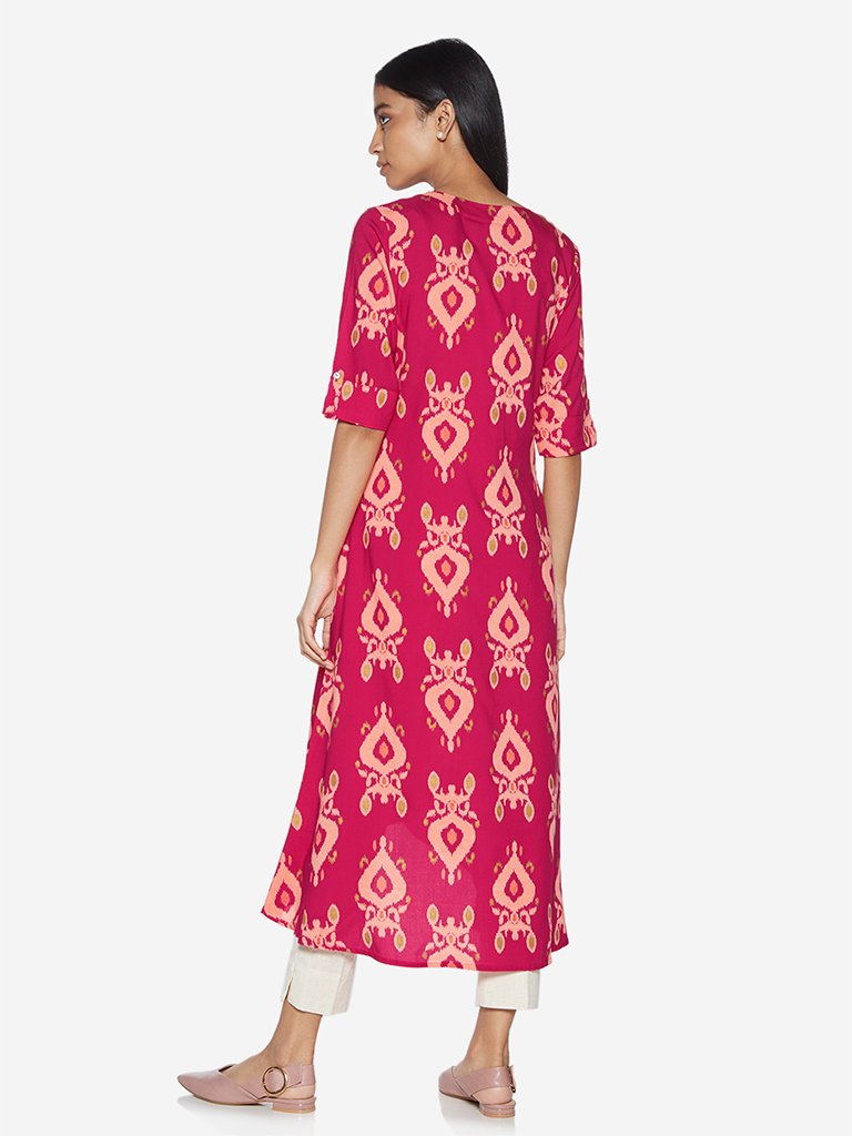 Utsa Pink Ikat Patterned High-Low Kurta