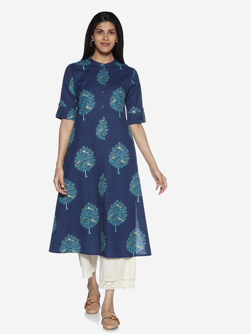Utsa Indigo Fruit Patterned A-Line Kurta