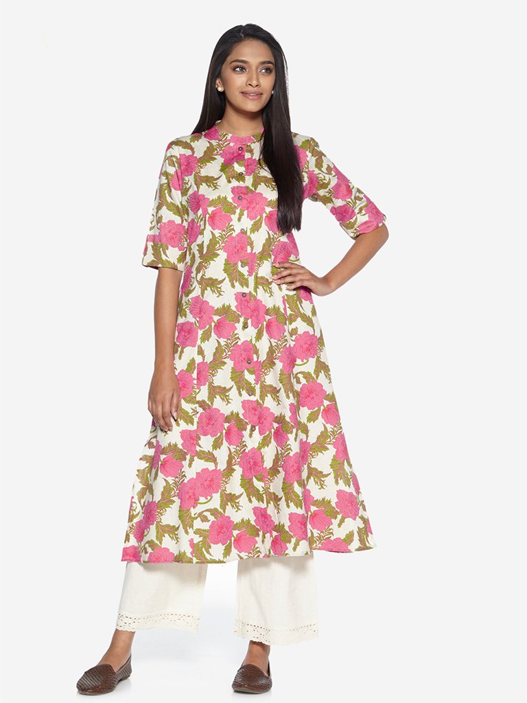 Utsa Off White Floral A-Line Kurta