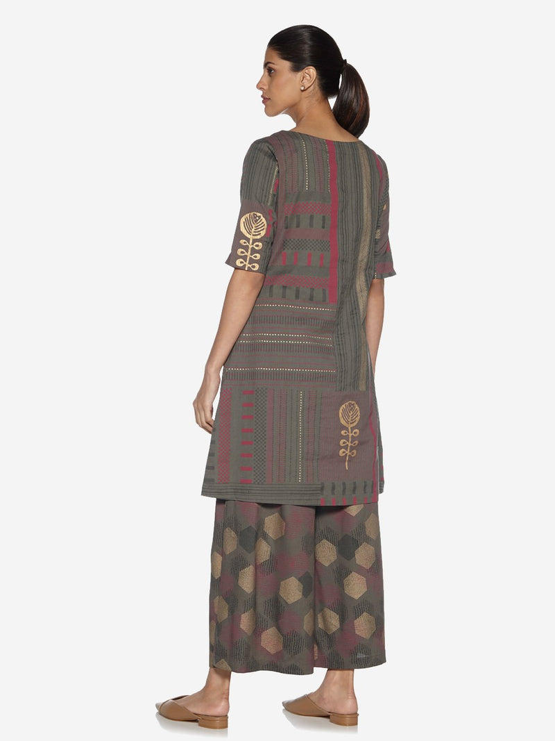 Utsa Smoke Grey Straight Embroidered Kurti