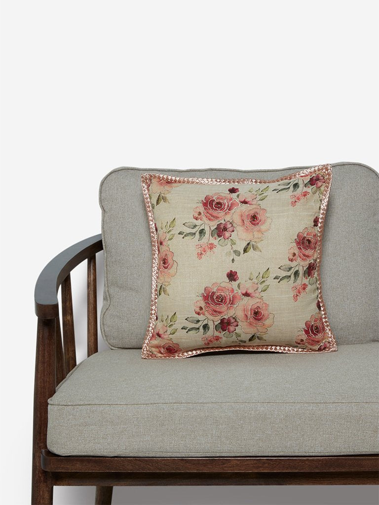 Westside Home Beige Floral Embroidered Cushion Cover