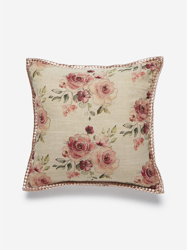Westside Home Beige Floral Embroidered Cushion Cover