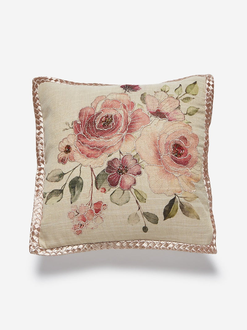 Westside Home Beige Floral Embroidered Cushion Cover