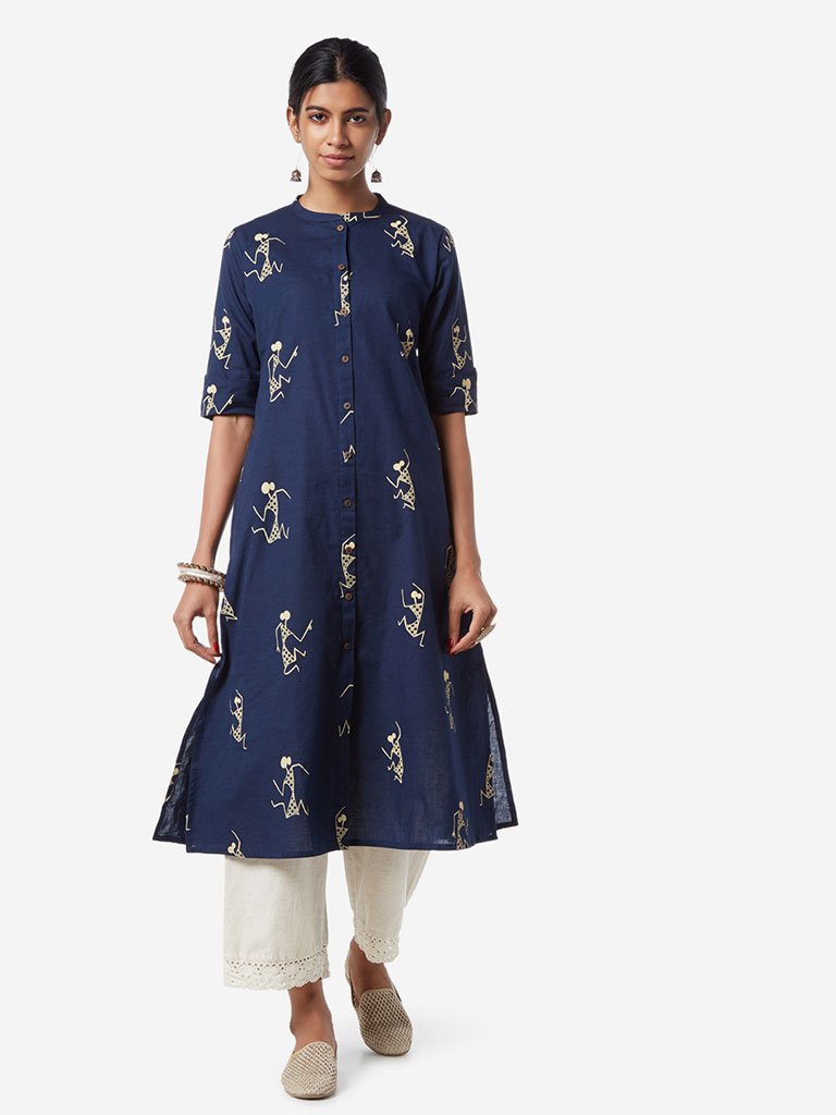 Utsa Indigo Warli Print A-line Kurta