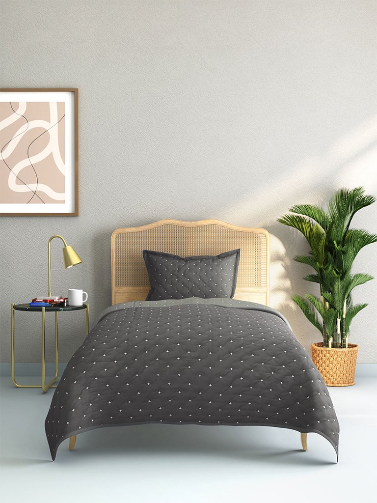 Westside Home Charcoal Embroidered Quilted Single Bedcover With Pillowcase