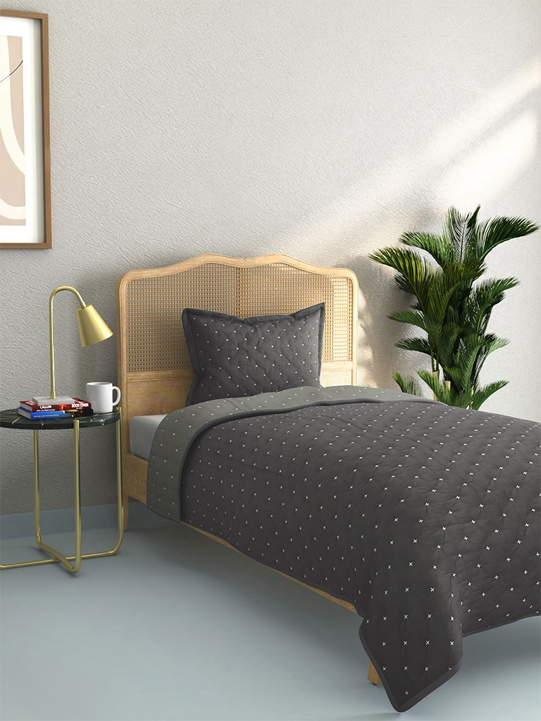 Westside Home Charcoal Embroidered Quilted Single Bedcover With Pillowcase