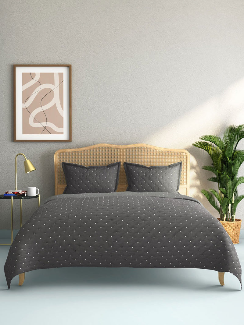 Westside Home Charcoal Embroidered Quilted Double Bedcover With Pillowcases